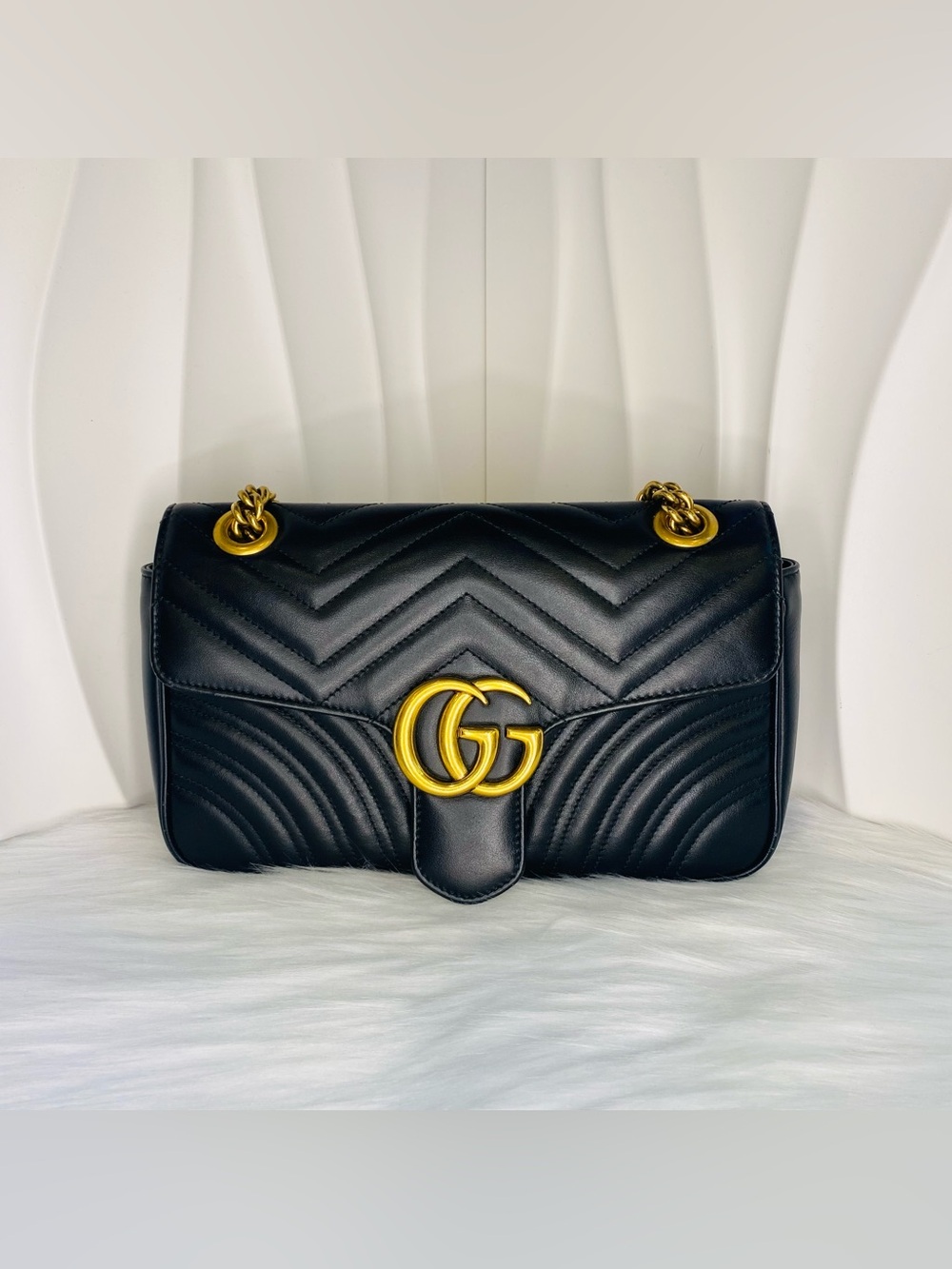 Gucci Black Marmont Leather GG Chevron Shoulder Bag with Gold Hardware